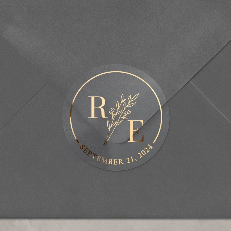 XOXOKristen Custom Personalized Gold Foiled Wedding Stickers for Favors, Clear Stickers Envelope Seals, Custom Monogram Stickers, Rose Gold Label for bottles, favors, gifts, welcome bags, candy, cones, packages with floral branch and foiled border