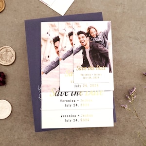 Carte "Retenez cette date" en métal doré avec photo, Petit ou grand aimant de mariage avec photo personnalisée, Retenez les dates aimants pour réfrigérateur, Rose