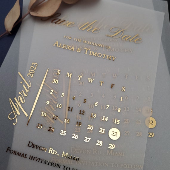 Personalized Save the Date Card With Foil Lettering, Vellum Save the Dates  in Rose Gold, Gold, Silver Foil . 