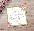 Gold Border Flower Girl Puzzle Proposal with Pink Flowers, Will you be our Flower Girl Jigsaw Puzzle in Gift Box with Name Tag