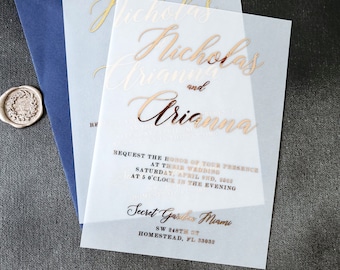 Elegant Vellum Wedding Invitations with Gold Foil, Personalized Foiled Invitation in Gold, Silver, Rose Gold, Custom Wedding Vellum Invites