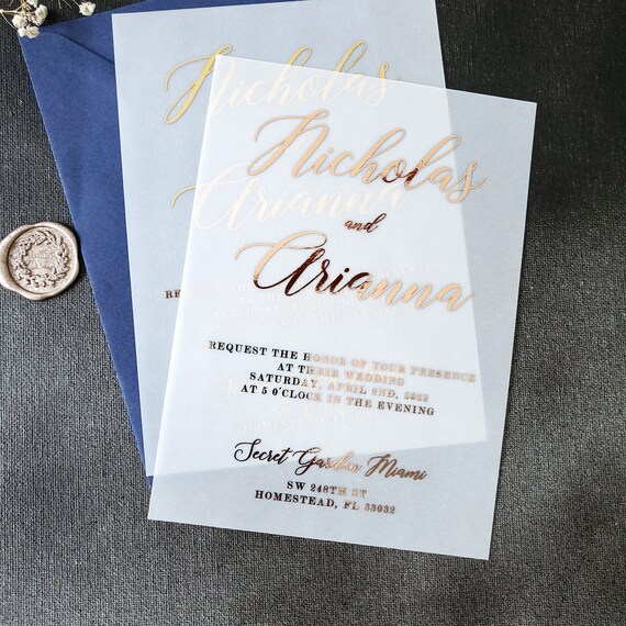 Elegant Vellum Wedding Invitations With Gold Foil Etsy