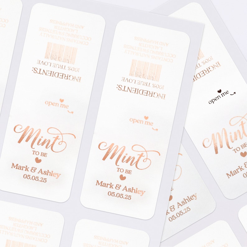 Personalized Calligraphy Mint to be Tic Tac Labels Stickers for wedding favors or Bridal shower party gifts in rose gold with custom name and wedding date