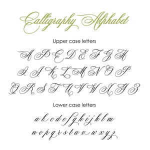 May include: Calligraphy alphabet with uppercase and lowercase letters in a cursive font. The letters are written in black ink on a white background.