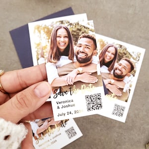 Aimant photo "Retenez la date" avec impression calligraphie dorée et code QR, aimant photo personnalisé pour réfrigérateur de mariage, petit grand or rose argent