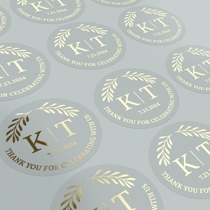Aangepaste duidelijke stickers voor kerstbruiloft, gepersonaliseerde bedanklabels met monogrammen voor tassen, doos, snoepjes-goud, roségoudfolie