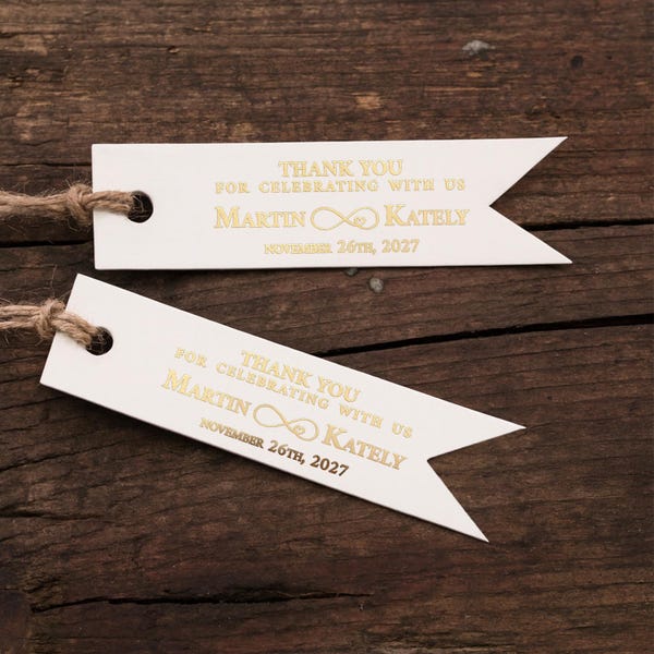 Personalized Wedding Thank You Favour Tags, Infinity Gold Foil Flag Tags for Candles, Bottles and Wedding Gifts