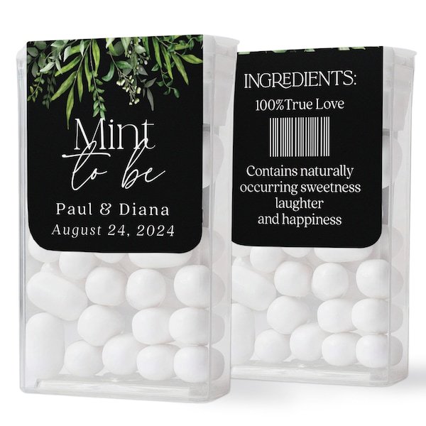 Personalized Rustic Mint to Be Tic Tac Stickers with Black & Greenery Eucalyptus Design, Wedding mints Favor Labels for mini tic tac packs
