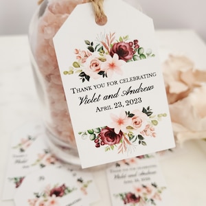 Custom Burgundy Wedding Gift Tags, Thank You Wedding Favors, Personalized Wedding Tags, Floral Thank You For Celebrating With Us Hang Tags