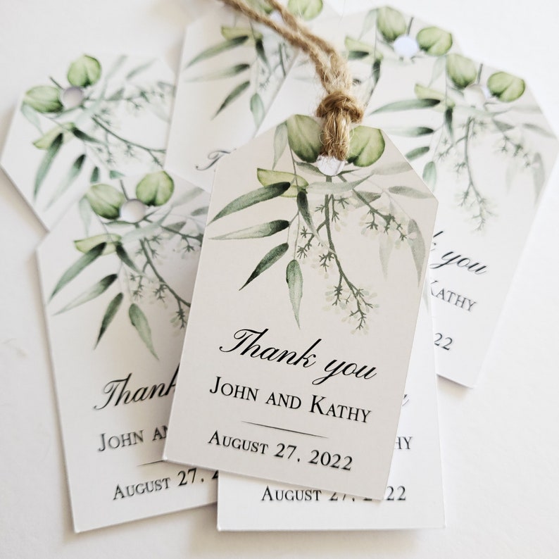 XOXOKristen Custom Personalized Small Greenery Personalized Thank you Wedding Tags with Eucalyptus, Favors for-Birthday, Baptism, Bridal Shower, Baby Shower - Rustic Tags for welcome bags, gift bags, boxes, jars, bottles, candy