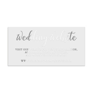 a wedding invitation card with a gray and white color scheme. The text on the card provides information about the wedding website, including the website address and the fact that it is a wedding website. The card also mentions that the website is used for venue information, accommodations, activities, and more wedding details.