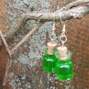 May include: A pair of green glass bottle earrings with cork stoppers hanging from silver hooks. The earrings are hanging from a branch.