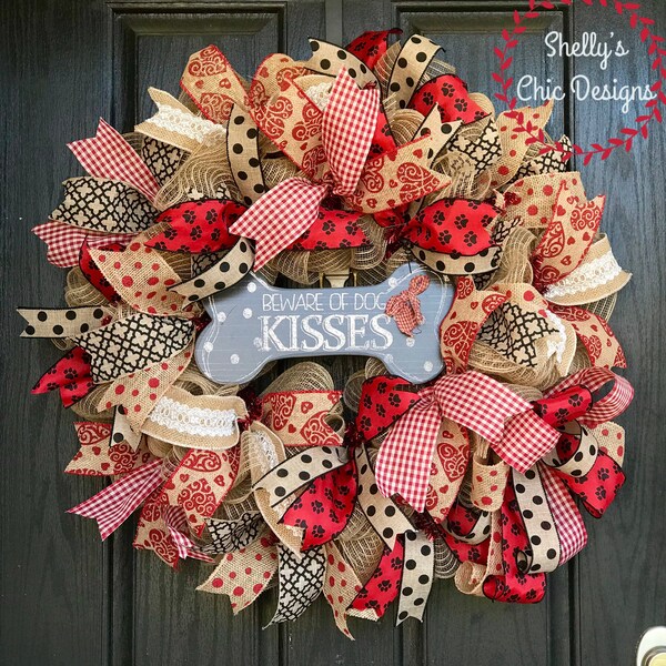 Valentine Dog wreath, beware of dog kisses burlap wreath, dog burlap wreath, puppy wreath, puppy burlap wreath, front door wreath, dog