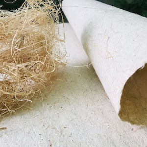Op de afbeelding: Close-up van handgemaakt papier en natuurlijke vezels. Het papier is gebroken wit met zichtbare vezels, en een rol is gedeeltelijk uitgerold. Een stapel losse, lichtbruine vezels ligt links.