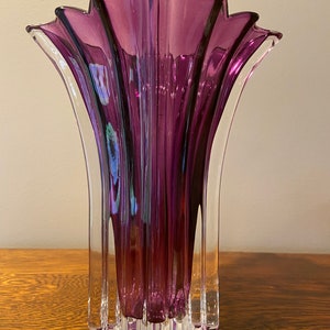 Vintage Heavy Crystal Amethyst Purple Square Fluted Vase