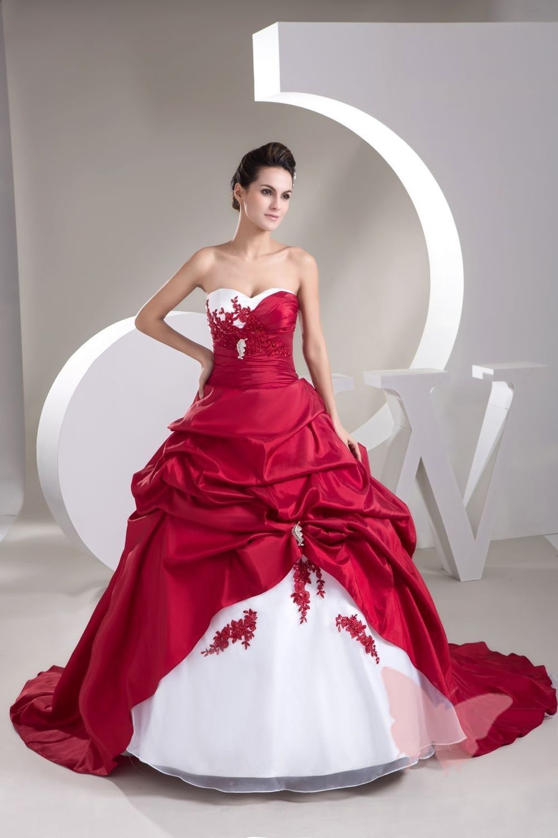 Red White Long train WEDDING Dress Bridal GOWN SIZE image 1