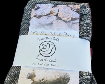 Lot de 4 serviettes de table en tissu, serviettes de table en tissu de laine de mer, 4 grandes serviettes de table et 4 serviettes de table noires et blanches.