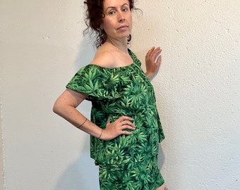 Pyjama à imprimé cannabis, ensemble de pyjama vert, ensemble de pyjama de feuilles vertes, ensemble de pyjama de style paysan