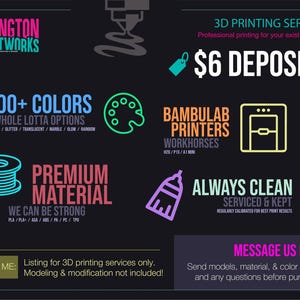 May include: A black informational graphic for 3D printing services by Rivington Printworks. It features text including $6 DEPOSIT, 100+ COLORS, BAMBULAB PRINTERS, PREMIUM MATERIAL, and ALWAYS CLEAN. Icons include a spool, palette, printer, and broom.
