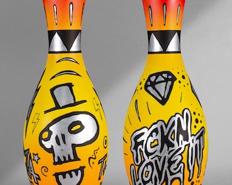 Silver Skull Orange Bowling Pin 37x12 cm by Josh Mahaby Pop Art Home Decoration Gallery Limited Edition Signed and Numbered