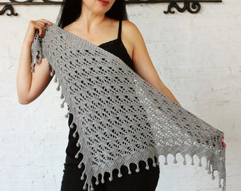 Feminine graceful unique shawl, easy to follow written instructions. Lace and bobbles make this elegant exclusive accessory one of a kind.