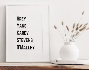 Grey Yang Karev Stevens O'Malley Grey's Anatomy Art Digital Download Gift TV Printable Wall Art Poster Med Student Nurse Doctor's Gift