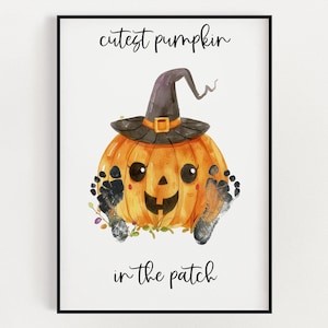 Cutest Pumpkin in the Patch Halloween Footprint Wall Art, Digital Download, Halloween Footprint Craft, Halloween Nursery Art, 1st Halloween