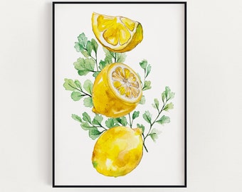 Lemon and Leaf Kitchen Wall Art, Watercolor Fruit Art, Lemon Print, Kitchen Wall Décor, Farmhouse Wall Décor, Digital Download