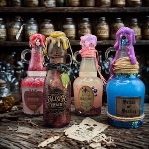 May include: A collection of decorative potion bottles with colorful, dripped wax seals. The bottles are labeled with phrases like "Elixir of Health" and "Potion of Healing." They sit on a rustic wooden surface, with more bottles on shelves in the background.