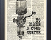 Vintage book page print, coffee grinder, Typographic art, gift, kitchen Wall decor, black white poster, CODE 086