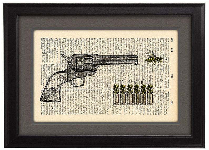 Revolver Poster Gun Wasps Funny Art Gift For Men Dictionary Print Book Page Boys Room College Dorm Decor Code 108