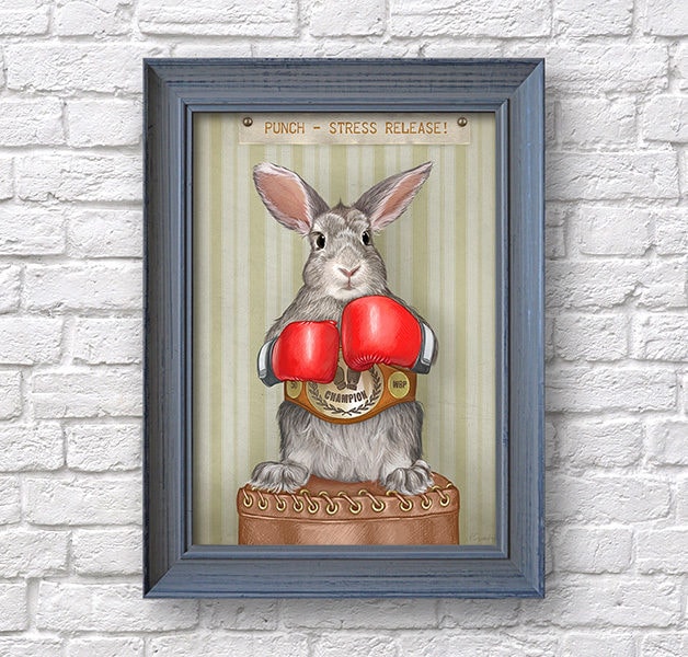 Bunny art print boxing rabbit poster anti stress art Etsy