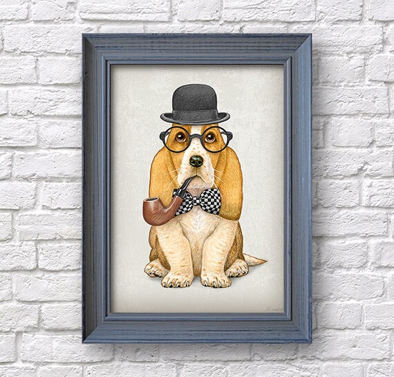 Basset hound art print Dog in bowler hat and pipe poster Etsy