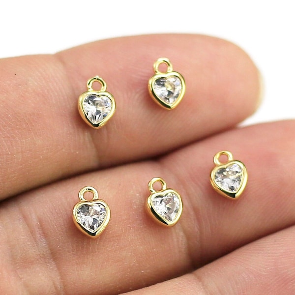 CZ Heart Earring Charms, Earring Charms For Jewelry Making, Bracelet Charms, Earring Findings, Real Gold Plated, 7.3x5.2mm - G164