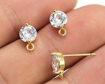 Diamond Earring Studs, Round Earring Post, Cubic Zirconia, Earrings Making, 9.7x6.3mm, Statement Earrings, Real Gold Plated -GS101