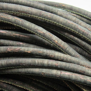 6mm leather cord Dark grey Cork cord Wood grain Stitched Round Portuguese cork