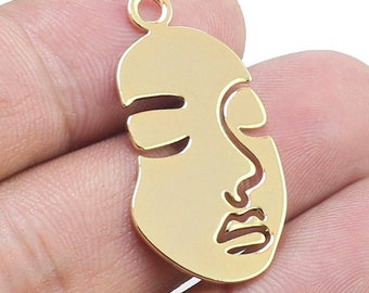 Face Charm For Jewelry Making, Dangling Earring Charms, Necklace Pendant, Earring Findings, Real Gold Plated, 34x17mm - G186