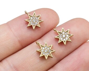 CZ Star Charm, Brass Star Charm, Add-on Bracelet Charms, DIY Ornament, 11.7x9.6mm, Earring Findings, Jewelry Making -R2157