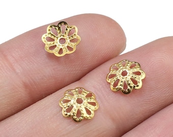 Brass Bead Caps, Floral End Caps, Rondelle Spacer Beads, 8x1.8mm, Pearl Gemstone Base, Brass Findings, DIY Jewelry making - R2152