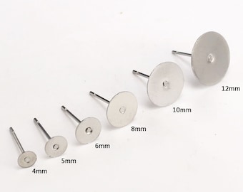 Stainless Steel Round Earring Studs, Flat Pad Earring Post, Blank Earring Base For Glue On, 4mm 5mm 6mm 8mm 10mm 12mm, Jewelry Making - S026