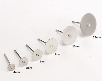 Stainless Steel Round Earring Studs, Flat Pad Earring Post, Blank Earring Base For Glue On, 4mm 5mm 6mm 8mm 10mm 12mm, Jewelry Making - S026