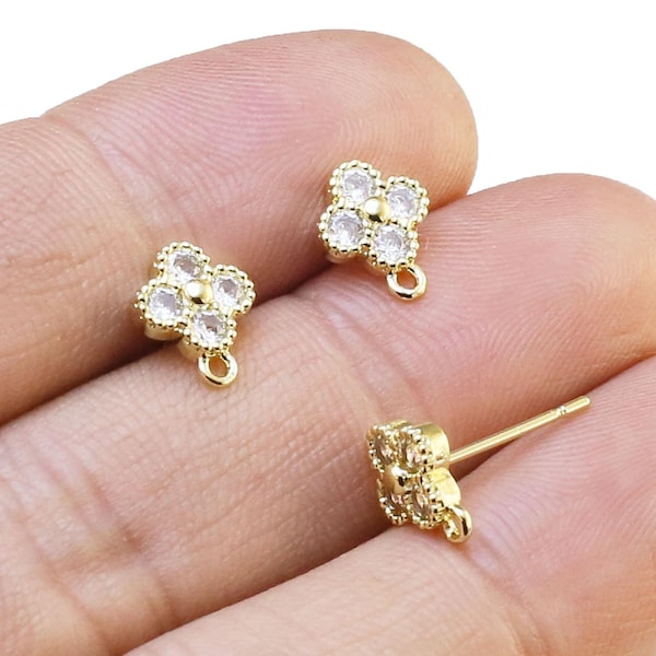 Clover Leaf Earring Posts, CZ Flower Ear Studs, Earrings Making, Trendy Earrings, 9.6x8mm, Real Gold Plated, Jewelry Supplies -GS281