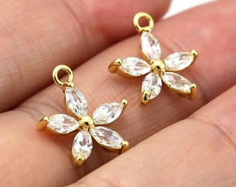 6 stuks CZ bloembedels, madeliefje-oorbelbedels, kettinghanger, sieraden maken, echt verguld - G015