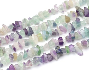 May include: A strand of multi-colored fluorite chip beads. The beads are a mix of green, purple, and white. The beads are strung on a clear thread.