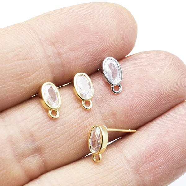 Oval CZ Earring Posts, Dainty Earring Studs, Cubic Zirconia, Earrings Making, Jewelry Supplies, 9x5mm -GS136 GS005