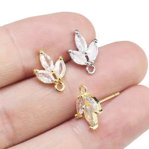 CZ Leaves Stud Earrings, Leaf Earring Post, Earrings Making, Jewelry Supplies, Real Gold Plated - GS065 GS118