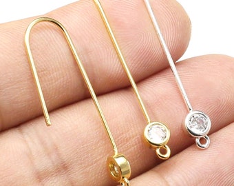 Round Zircon Earring Wires, Simple Earring Hooks, Earrings Making, Brass Ear Wire, Real Gold Plated, Jewelry Supplies -GH991