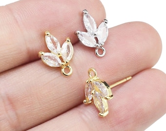 CZ Leaves Stud Earrings, Leaf Earring Post, Earrings Making, Jewelry Supplies, Real Gold Plated -GS065 GS118