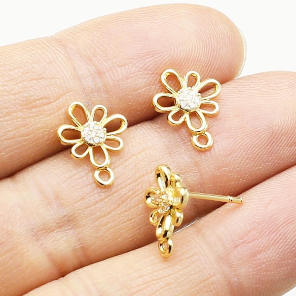 CZ Flower Earring Posts, Floral Ear Studs, Earrings Making, Zircon Earrings, Jewelry Supplies, 13.8x11mm, Real Gold Plated -GS201