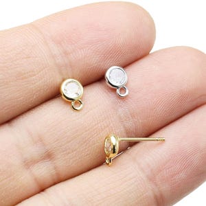 Diamond Earring Studs, Round CZ Earring Post, Zirconia Ear Studs, Earrings Making, 7.6x5.4mm, Real Gold Plated, Jewelry Supplies -GS263
